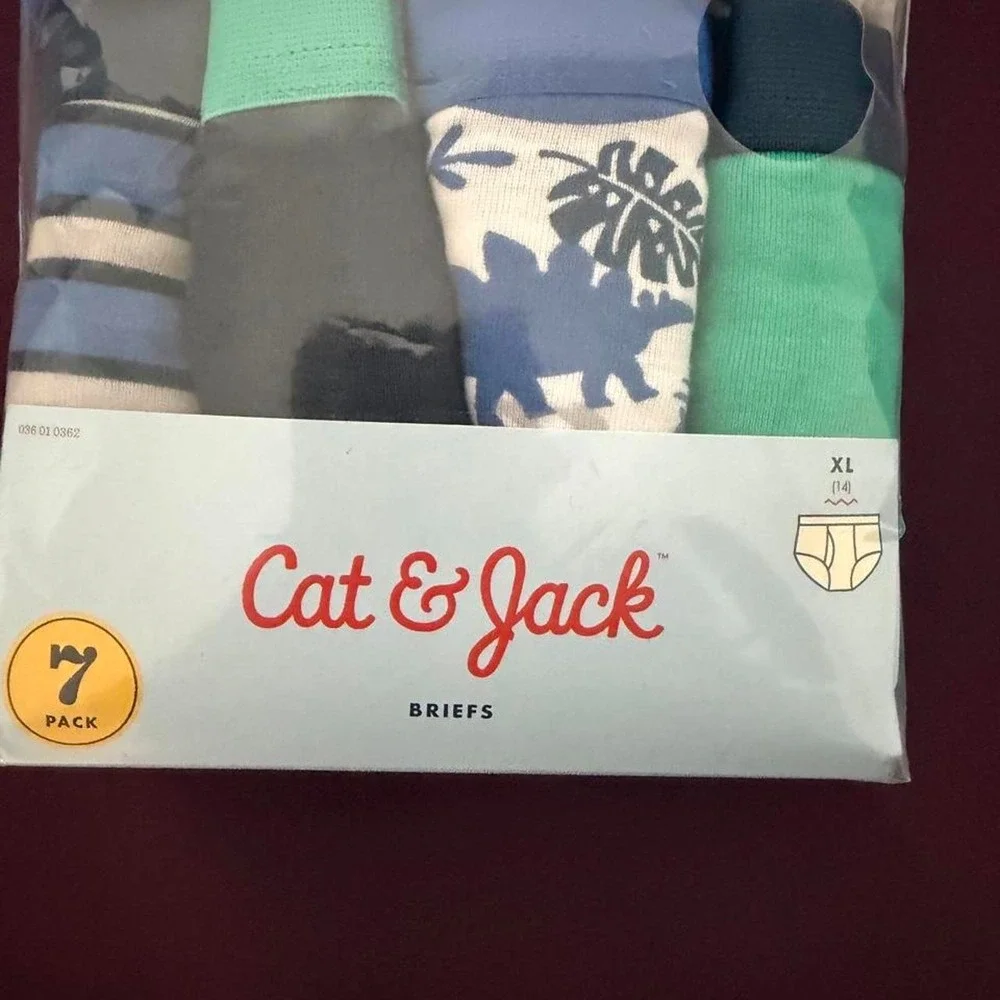 Cat & Jack Boys Dinosaur Briefs 7 Pack Cotton Underwear Blue Green XL 14 NEW
